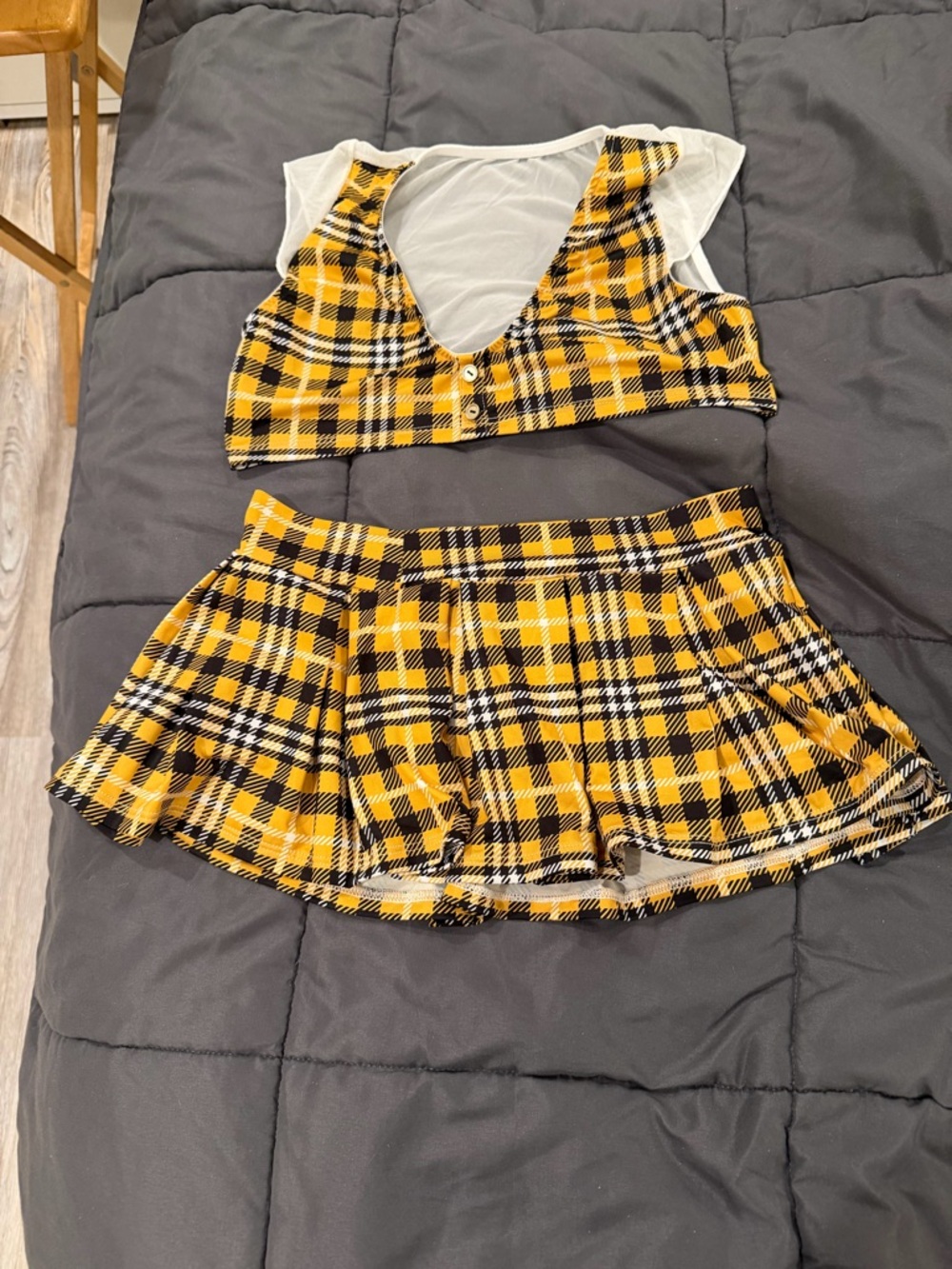 Yellow Black Plaid Two-Piece Crop Top and Mini Skirt Set